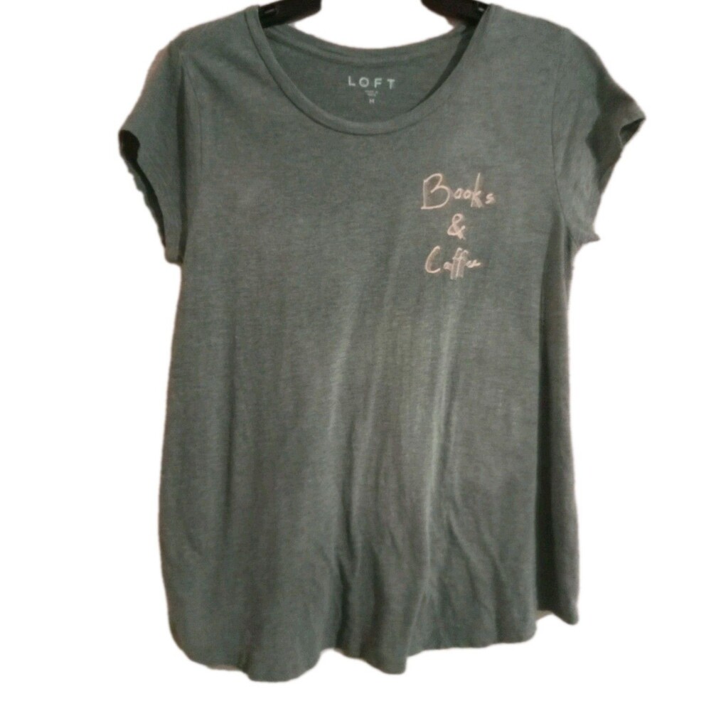 LOFT Books & Coffee T-Shirt Women's Medium  Grey White Shirt Short Sleeve
